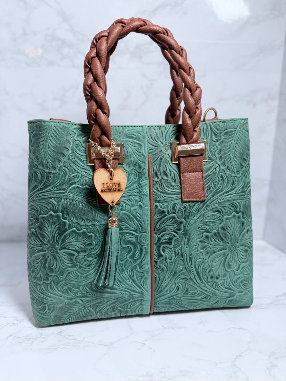 Green Floral Embossed Leather Tote Handbag
